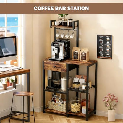 Kitchen Bakers Rack with Drawer,6 Tier Microwave Stand with Hooks | Adjustable Coffee Bar Station,Free Standing Bakers Rack with Storage,Kitchen Appliance Storage Shelf for Spices,Pots