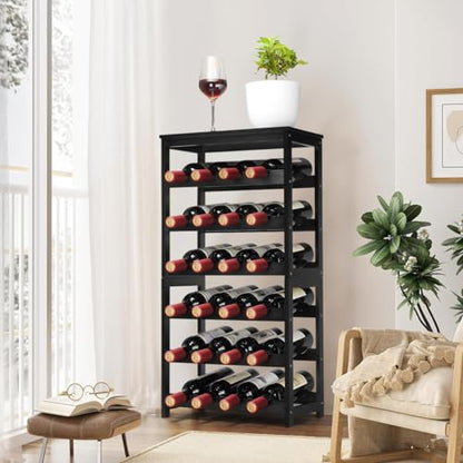 Wine Rack 24-Botttle Freestanding Floor, 6-Tier Wine Rack Shelf with Table Top, Bamboo Display Wine Storage Shelves Kitchen Bar Dining Room Living Room, Black - color: 6 Tier Black