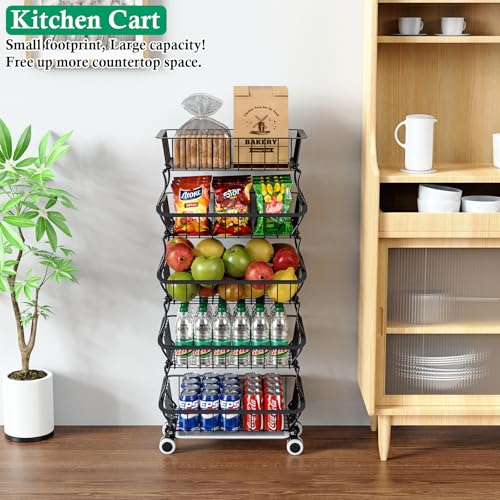 OKZEST 5 Tier Fruit Basket for Kitchen, Stackable Bins Wire Rack with Wheels, Fruit and Vegetable Storage Basket Pantry Food Snack Organizer Shelf, Kitchen Storage Cart for Onion and Potato, Produce | Kitchen pantry organizer rack with dirt catch tray, Ro