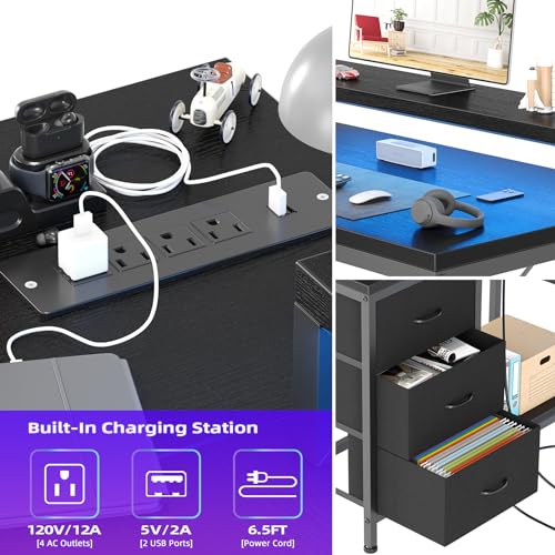 Patikuin L Shaped Desk with Power Outlets & LED Lights, Computer Desk with Drawers & Shelves, Corner Desk Gaming Desk Home Office Desk, Black - color: Black
