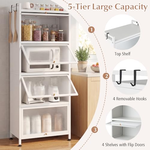 LDAILY 5-Tier Kitchen Storage Cabinet, Mobile Microwave Stand with Metal Frame, Double Anti-toppling Device, 4 Rolling Casters, Freestanding Bakers Rack for Kitchen, Dining Room, Living Room (White) - color: White