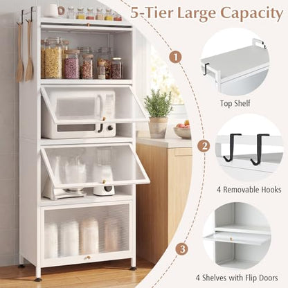 LDAILY 5-Tier Kitchen Storage Cabinet, Mobile Microwave Stand with Metal Frame, Double Anti-toppling Device, 4 Rolling Casters, Freestanding Bakers Rack for Kitchen, Dining Room, Living Room (White) - color: White