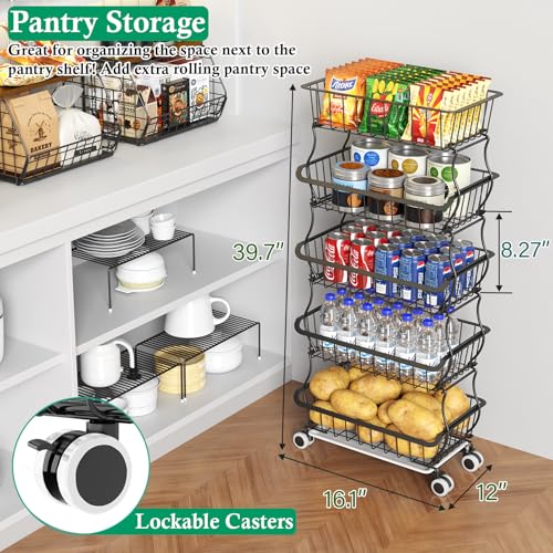 OKZEST 5 Tier Fruit Basket for Kitchen, Stackable Bins Wire Rack with Wheels, Fruit and Vegetable Storage Basket Pantry Food Snack Organizer Shelf, Kitchen Storage Cart for Onion and Potato, Produce | Kitchen pantry organizer rack with dirt catch tray, Ro