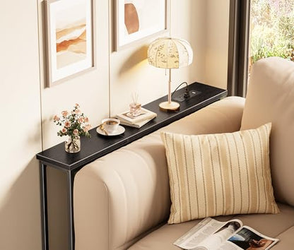 SUPERJARE 5.7 Inch Console Table with Outlet, Sofa Table, Behind Couch Table, 5.7 x 39.4 x 29.7 Inches, Metal Frame, Charging Station, for Living Room, Black - color: Black, size: 5.7''D x 39.4''W x 29.7''H