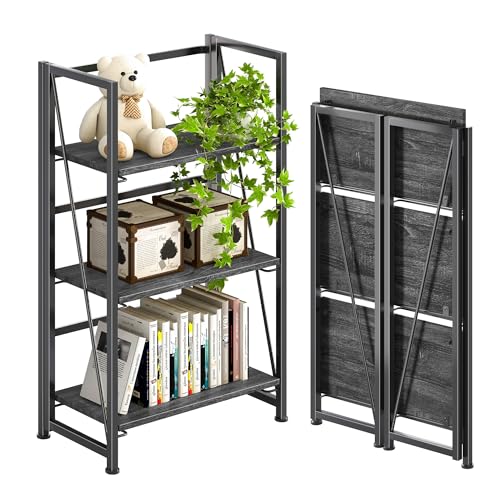 4NM No Assembly Folding Bookshelf Storage Shelves 3 Tiers Vintage Bookcase Standing Racks Study Organizer Home Office (Gray Black) - color: Gray Black, size: Standard 3 Tiers