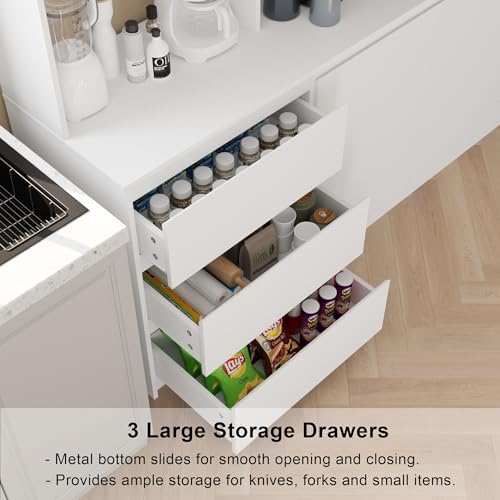 Mekminop Extra Large Kitchen Pantry with Microwave Shelf, Kitchen Hutch Storage Cabinet with Countertop, Freestanding Countertop Cabinet with 3 Drawers and 3 Open Shelves, White - color: White, size: 82.7" Wide