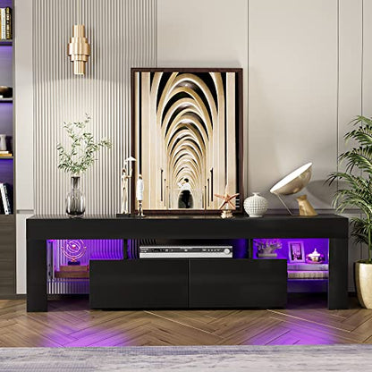 JUMMICO TV Stand, Modern Lighting TV Cabinet Entertainment Center Media and Open Shelf, TV Console Table with 1 Drawer and Remote Control, 20 Color LED Lights up to 70 Inch TV (Black) - color: Black, size: 60 Inches