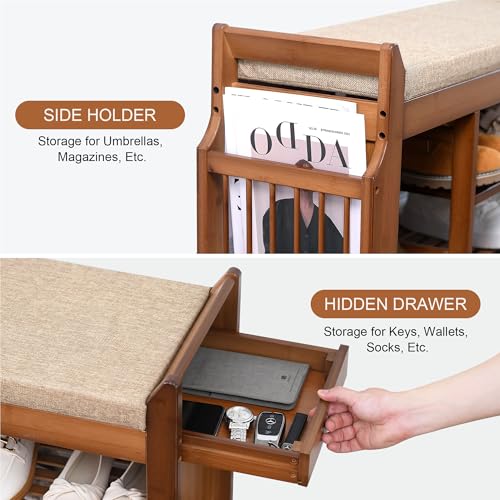 PETKABOO 39.4" Shoe Bench with Coat Rack Hidden Drawer and Side Holder, 2 Tier Entryway Bench with Storage, Bamboo Shoe Rack with Cushion for Entryway Hallway Living Room Bedroom - size: 39.4 in with Hook