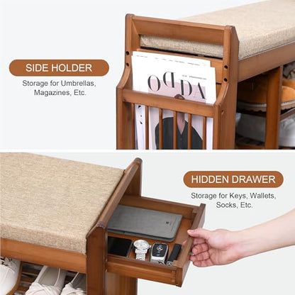 PETKABOO 39.4" Shoe Bench with Coat Rack Hidden Drawer and Side Holder, 2 Tier Entryway Bench with Storage, Bamboo Shoe Rack with Cushion for Entryway Hallway Living Room Bedroom - size: 39.4 in with Hook