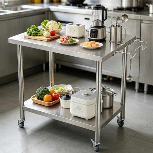 Garvee Stainless Steel Straight Edge Work Table 30 inch Double Layer with Casters & Garbage Shelf, Heavy Duty Commercial Prep Table, 0.7mm Thick - size: 30*24*35inch - with casters + trash rack