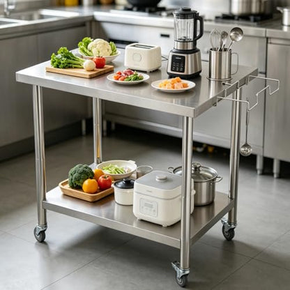 Garvee Stainless Steel Straight Edge Work Table 30 inch Double Layer with Casters & Garbage Shelf, Heavy Duty Commercial Prep Table, 0.7mm Thick - size: 30*24*35inch - with casters + trash rack