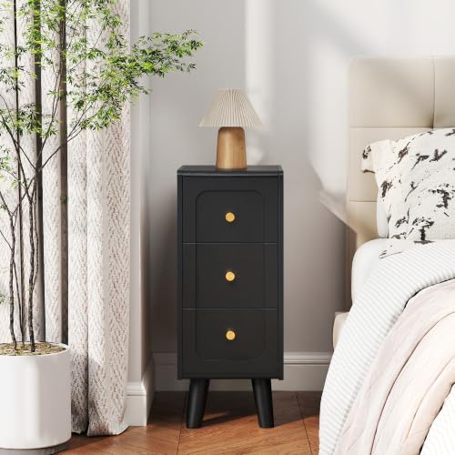 Narrow Nightstands with 3 Drawers, Wooden Small Bedside Tables | Slim End Tables with Storage, Farmhouse Night Stand for Bedroom, Living Room, Small Spaces, Black - color: Black-1pcs, size: 3 Drawers
