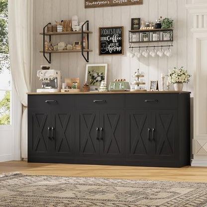 HOSTACK 71"W Farmhouse Kitchen Sideboard Buffet Cabinet with Storage, Black | Large Coffee Bar Cabinet with 3 Wide Drawers, Long Buffet Table with Shelves, Kitchen Storage Cabinet for Dining Room - color: Black