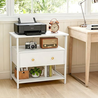 Edbuosy 27 Inch Wide Night Stand with Charging Station, Wood Nightstand with Open Shelf, Large Drawer Bedside Table for Living Room/Bedroom/Office, White - color: White, size: 27"W-1 Drawer