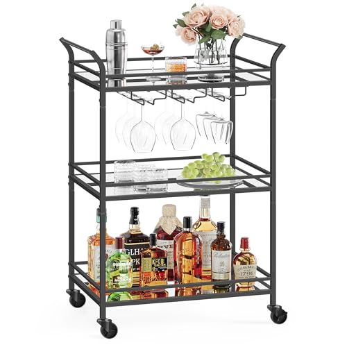 VASAGLE Bar Cart Black, Small Home Bar Serving Cart with 3-Tier Mirrored Shelf, Wine Holders, Glass Holders, for Small Spaces, Kitchen, 15 x 23.6 x 36.2 Inches, Black ULRC100B01 - color: Black, size: 15"D x 23.6"W x 36.2"H