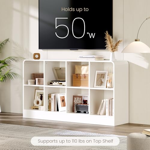 EXPERLAM White 8 Cube Storage Organizer with Rounded Edges and Reinforced Base, Low Horizontal Cube Bookshelf, Wooden Cube Shelf Bookcase for Living Room, Kids Room, Bedroom, TV Stand - size: with base