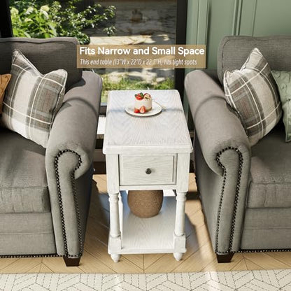 Solid Wood Narrow End Table with Drawer, Sofa Side Table with Storage Shelves, Slim Beside Table ,Telephone for Small Spaces, Living Room, Easy Assembly 22" x 13" x 22.7" AntiqueWhite BBJ004RW - color: Antique White