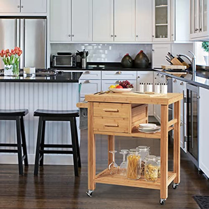 Kitchen Island, Rolling Butcher Block Kitchen Cart on Wheels | Bamboo Kitchen Trolley with Drawers, Shelves, Towel Rack, Small Kitchen Island Cart for Dining Room - size: 32.5"Lx21.5"Wx35.5"H