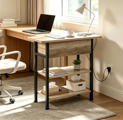 WLIVE 3-Tier End Table with Charging Station, Flip Top Narrow Side Table with Storage Shelf, Small Nightstand with USB Ports and Outlets,Bedside Table for Living Room, Bedroom - color: Greige