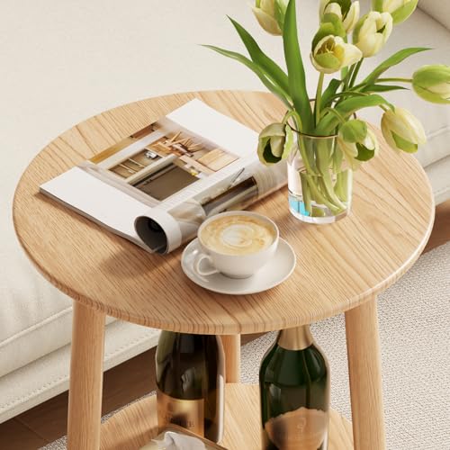 Round End Table,Solid Wood Small Round Table with Lower Shelf,Round Side Table，Nightstand for Small Spaces,Living Room,Bedroom(Natural) - color: Natural