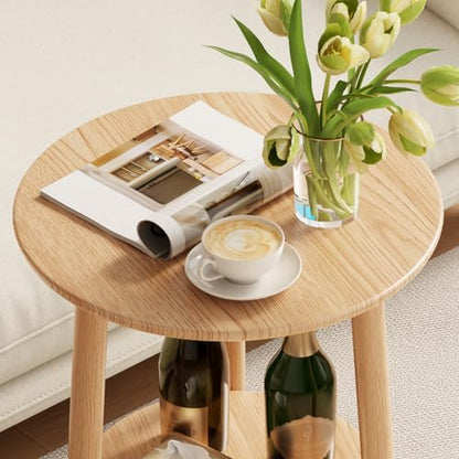 Round End Table,Solid Wood Small Round Table with Lower Shelf,Round Side Table，Nightstand for Small Spaces,Living Room,Bedroom(Natural) - color: Natural