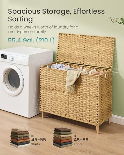 SONGMICS 4-Section Laundry Hamper with Lid, 55.4 Gal (210L) PE Rattan Laundry Basket with Removable Washable Liners, for Bedroom & Living Room, Goose Yellow ULCB224YE01 - color: Goose Yellow, size: 210 L (4 Basket)