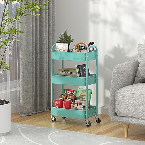 MAX Houser 3-Tier Rolling Utility Cart with Caster Wheels,Easy Assembly, for Kitchen, Bathroom (Turquoise) - color: Turquoise, size: 3-Tier Standard Cart