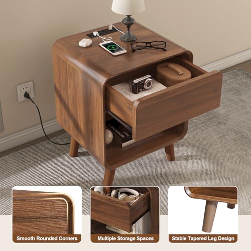 Nasonet Small Night Stand, 17.7'' Wide Bedside Table with Charging Station, Mid Century Modern Nightstands with Drawers, Bedroom Side Table End Table for Living Room, Curved Beveled Design, Walnut - color: Walnut, size: 1 Drawer