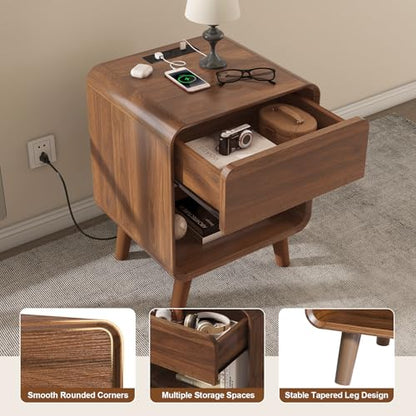 Nasonet Small Night Stand, 17.7'' Wide Bedside Table with Charging Station, Mid Century Modern Nightstands with Drawers, Bedroom Side Table End Table for Living Room, Curved Beveled Design, Walnut - color: Walnut, size: 1 Drawer