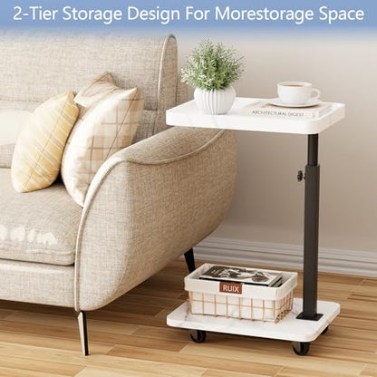 Adjustable Tv Trays for Eating on Couch That Slide Under,360° Swivel C Shaped End Sofa Side Snack Table with Wheels for Living Room and Bedroom, Bed,Chair, (White Marble+Black) - color: White Marble+black