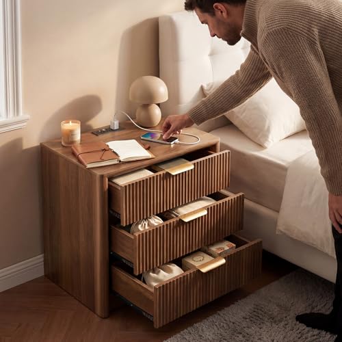 LYNCOHOME 23" Fluted Nightstand with Charging Station, 3 Drawer Bedside Table, Modern Night Stand with Curved Edge Design, Wooden End Table for Bedroom, Rounded Night Stand with Storage, Walnut, Brown - size: 15.7"D x 22.8"W x 24.2"H（3 Drawers）