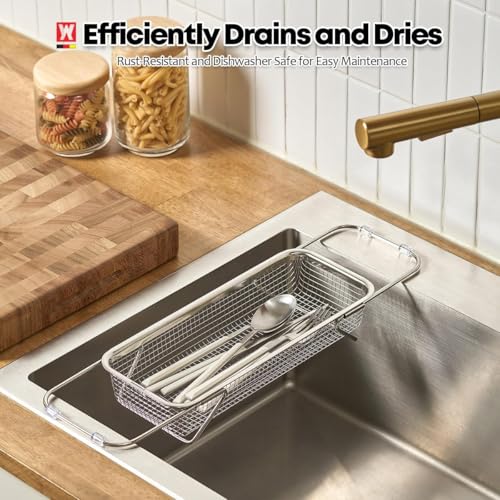 WAGENSTEIGER Extendable Dish Rack with Feet, Vegetable Colander Basket, Stainless Steel Dish or Silverware Drying Rack, Ultimate Kitchen Organizer Over the Sink (12.40 x 5.12 x 2.36 Inches) - size: 12.40 x 5.12 x 2.36 Inches