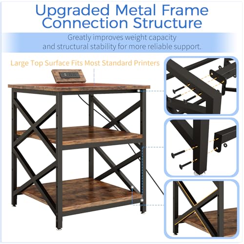 METYERRY Large Printer Stand with Power Outlet, with Height Adjustable Storage Shelf, 3 Tier Rolling Printer Cart with Industrial Wheels, 23.6 x 23.6 Inches Printer Table for Home Office, Rustic Brown - color: Rustic Brown