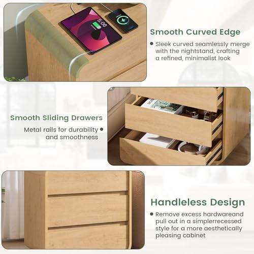 Standifurno 3 Drawers Nightstand with Charging Station, Modern Wood 25" Tall Curved Night Stand, Large End Table Bedside Table for Bedroom, Office, Sofa, Natural - color: Natural, size: 3 Drawers (1PC)