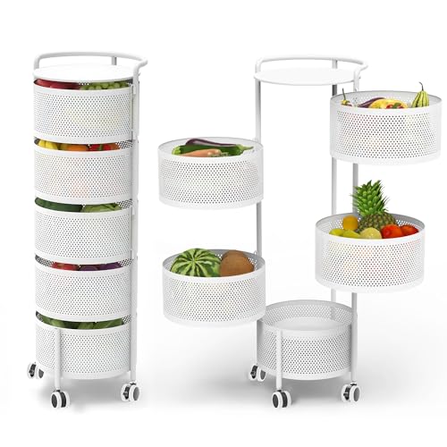 JAQ No Assembly 5-Tier Kitchen Storage Cart with Wheels, Rotating Produce Organizer for Onion, Potato & Vegetable Storage, Large Capacity Pantry Rack, White - color: White/5-tier