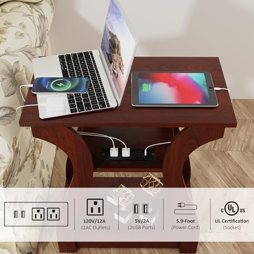 FROMJBEST End Tables Living Room, Cherry End Table with Charging Station | Side Table Living Room, with USB Ports and Outlets, Nightstand for Bedroom, 3-Tier Storage Shelf, Bedside Table - color: Cherry
