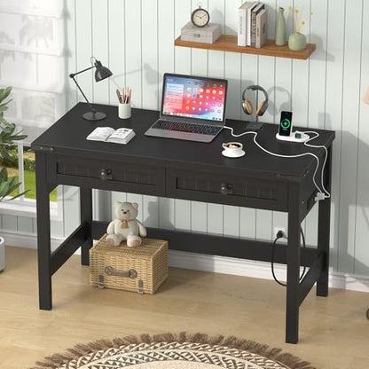 YOMILUVE Farmhouse Computer Desk with 2 Drawers, 39 Inch Small Black Computer Desk with Power Outlets, Home Office Desk Compact Writing Study Table for Small Spaces - color: Black