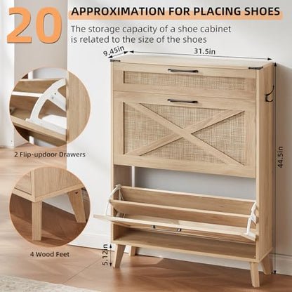 LEYAOYAO Shoe Cabinet Storage for Entryway with 2 Flip Drawers | Rack Narrow Organizer Slim Hidden Wood Shoe Cabinet Furniture - color: Natural Oak