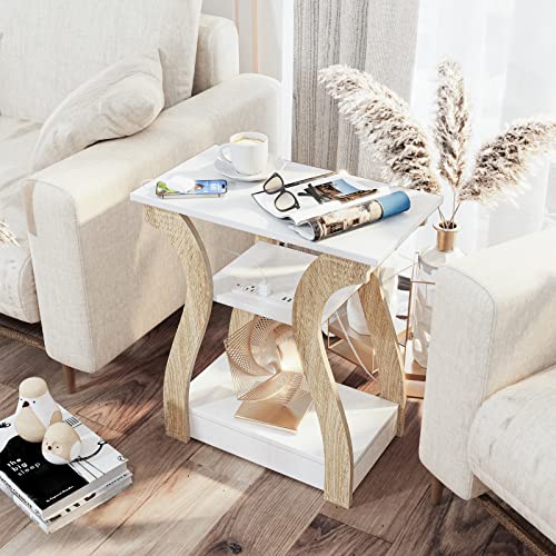 FROMJBEST End Tables Living Room, End Table with Charging Station,White&Oak | Side Table Living Room, with USB Ports and Outlets, Nightstand for Bedroom, 3-Tier Storage Shelf, Bedside Table - color: White+oak