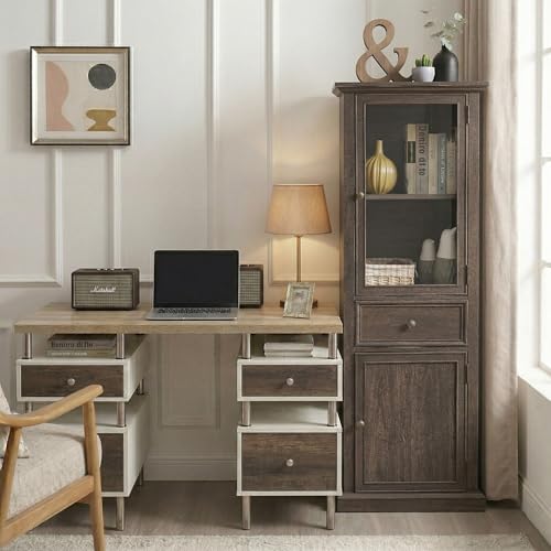 65" Tall Bookcase with Tempered Glass Door, Elegant Freestanding Display Cabinet with Drawer, Modern Wooden Kitchen Pantry Storage Cabinets for Living Room/Office(Brown) - color: Brown & 24 X 65