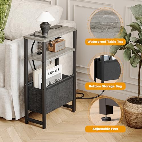Narrow Side Table with Charging Station Slim End Table Sofa with Magazine Rack, Bedside Table for Small Spaces, 3 Tier Nightstand for Living Room Couch, Bedroom Oak Grey LET503QE - color: Oak Grey, style: With Charging Station