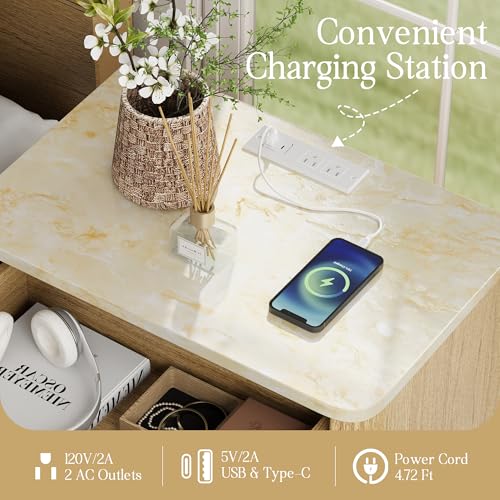 Fluted Nightstand Set of 2, Bedside Table with Faux Marble-Top, Modern Nightstand with Charging Station, Drawers and Open Shelf, Curved Corners, Modern Night Stand for Bedroom, Natural Oak - size: 2 PACK
