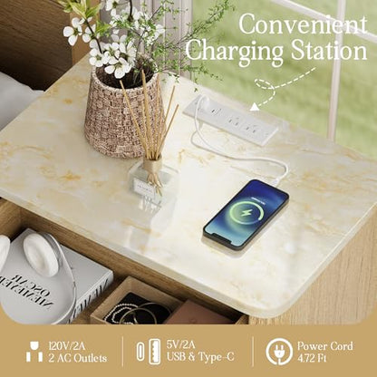 Fluted Nightstand Set of 2, Bedside Table with Faux Marble-Top, Modern Nightstand with Charging Station, Drawers and Open Shelf, Curved Corners, Modern Night Stand for Bedroom, Natural Oak - size: 2 PACK