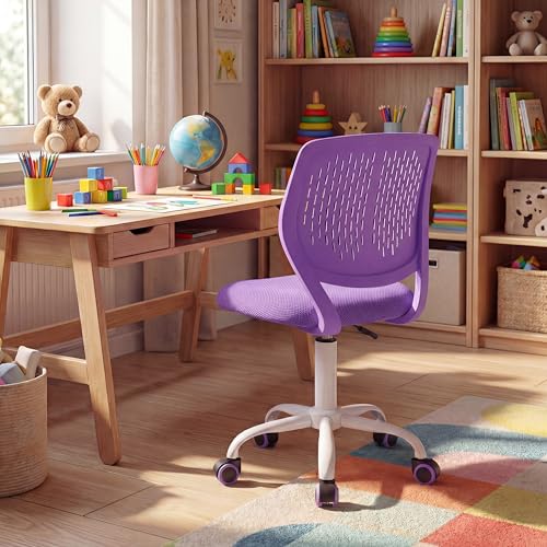 Costzon Kids Desk Chair, Armless Height Adjustable Kids Computer Chair w/Elastic Sponge Filling, Ergonomic Backrest & Stable 5-Point Wheels, Children Rolling Swivel Chair for Studyroom (Purple) - color: Purple