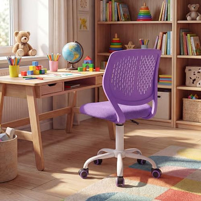 Costzon Kids Desk Chair, Armless Height Adjustable Kids Computer Chair w/Elastic Sponge Filling, Ergonomic Backrest & Stable 5-Point Wheels, Children Rolling Swivel Chair for Studyroom (Purple) - color: Purple