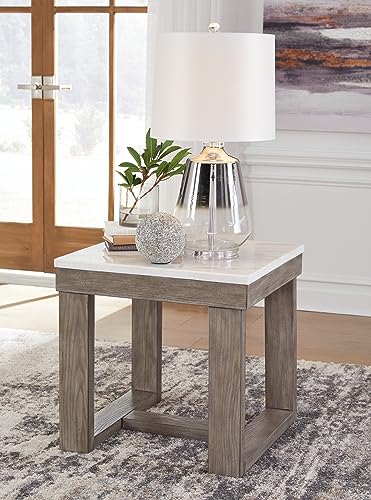 Signature Design by Ashley Square Marble End Table, 24 in, Grayish Brown | Premium natural stone surface for unique character, Sturdy oak veneer and MDF substrate trestle base, Loyaska Series - color: Two Tone