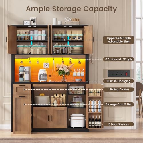 Itaar 71" Pantry Cabinet with Charging Station and LED Light, Kitchen Pantry Cabinet with Microwave Stand, 47.2" Wide Kitchen Storage Cabinets with Storage Cart 3 Tier for Dining Room,Brown - color: Brown