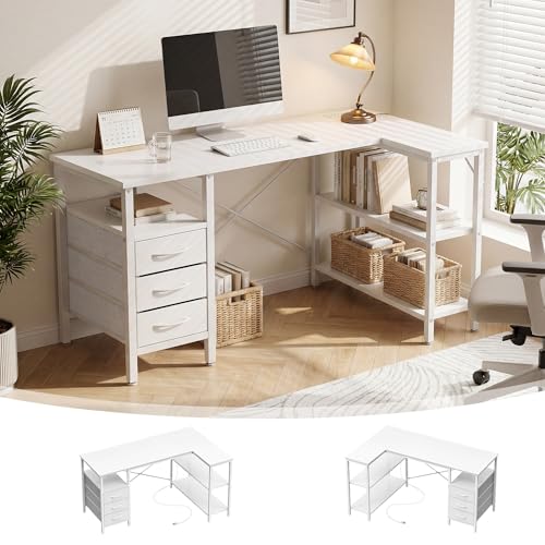 Alpen L Shaped Gaming Desk with Power Outlets, 55 Inch Computer Desk with 3 Drawers and Shelves, Corner Desk for Gaming, Study Writing PC Table with Storage and Reversible Shelf, White - color: White, size: 55 Inches Without Led Lights