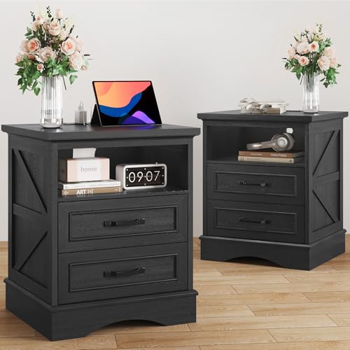 Fluest 24" Tall Farmhouse Nightstands Set of 2, Night Stands with Fast Charging Station, Beside Tables with Drawers and Open Storage, Rustic End Tables for Bedroom, Antique Black - color: Antique Black