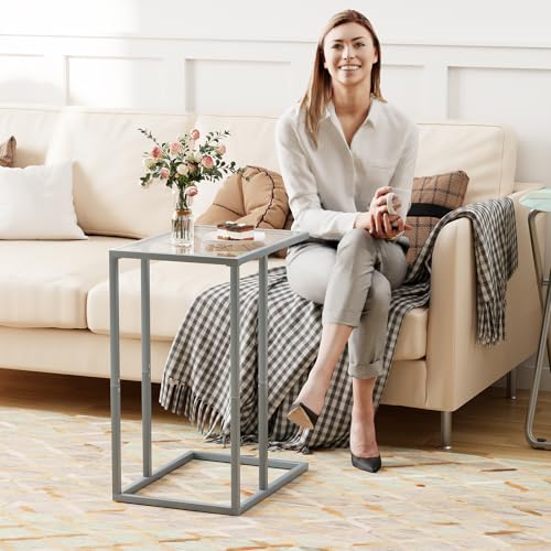 End Table,C Shaped Side Table for Sofa,Glass Couch Tray Snack Dinner Table for Living Room, Bedroom,TV Tray Table for Small Space,Living Room, Bedroom,Easy Assembly (Gray) - color: Grey